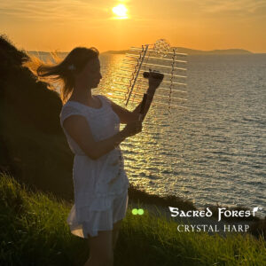 Girl playing Sacred Forest Crystal Harp at beautiful sunset at the seashore