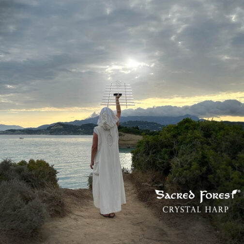 Epic clif landscape with elven beauty standing toward the sun with Sacred Forest Crystal Harp